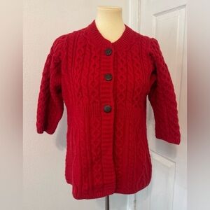 Kilronan Knitwear Red Merino Wool Cable Sweater Made in Ireland Chunky Small